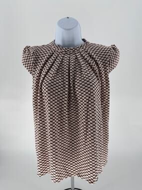 Elle Womens XS Blush Pink Black Geometric Pleated Short Sleeve Stretch Blouse